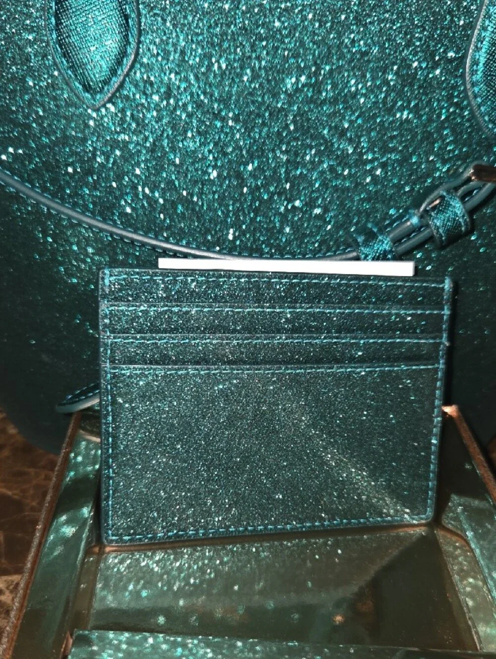 Kate Spade Teal Glitter Satchel with Matching Cardholder Set